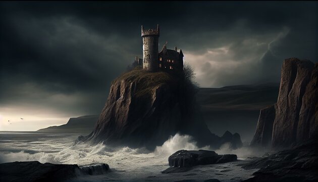 A dark, foreboding castle perched atop a windswept cliff. Generative AI