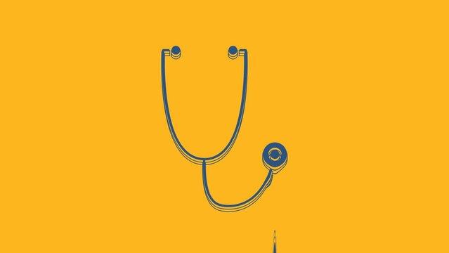 Blue Stethoscope medical instrument icon isolated on orange background. 4K Video motion graphic animation