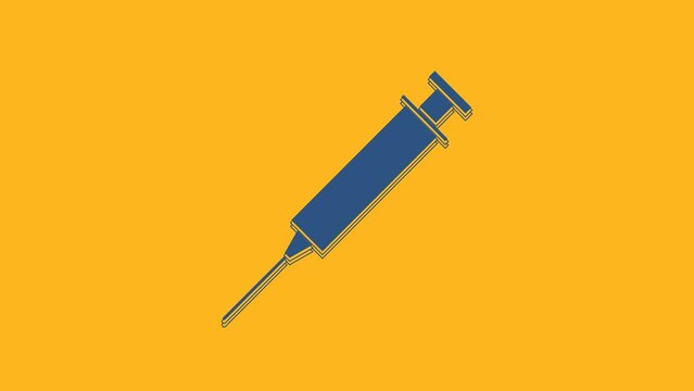Blue Syringe icon isolated on orange background. Syringe for vaccine, vaccination, injection, flu shot. Medical equipment. 4K Video motion graphic animation