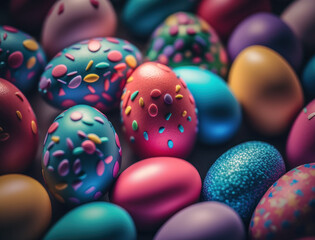 Fototapeta na wymiar Happy Easter background concept with colorful easter eggs flat lay created with Generative AI technology