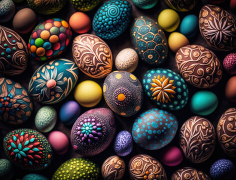 Happy Easter background concept with  colorful easter eggs flat lay created with Generative AI technology