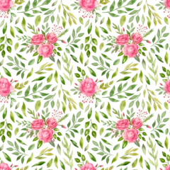 Foto auf Acrylglas Watercolor seamless Pattern with pink Rose Flowers and green leaves. Floral romantical hand drawn illustration on isolated background for wrapping paper or textile design. Botanical ornament © Alisles