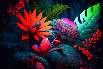 A background composed of colorful tropical flowers that contrast with the entirely black background. A surprising texture with large petals and leaves. Generative AI