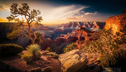 A breathtaking view of the Grand Canyon with a warm sunset glow 24mm lens f/5.6 naturalistic wide  Generative AI