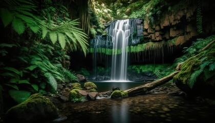 A captivating photograph of a waterfall in a lush green forest 35mm lens f16 dramatic standard lens  Generative AI