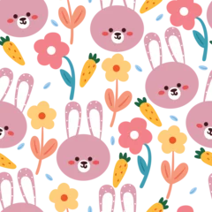 Foto auf Glas seamless pattern cartoon bunny and flower. cute animal wallpaper for textile, gift wrap paper © PIPIOREN