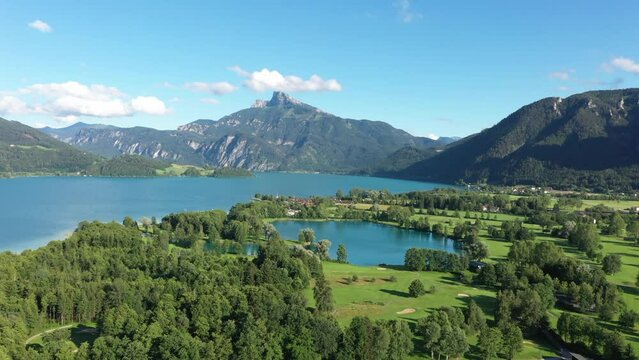 aerial view of mondsee with the golf course,austrian region salzkammergut,travel photography by drone,