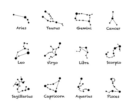 All 12 zodiacal constellations. Zodiac horoscope vector icon. Aries, taurus, leo, gemini, virgo, scorpio, libra, aquarius, sagittarius, pisces, capricorn, cancer.