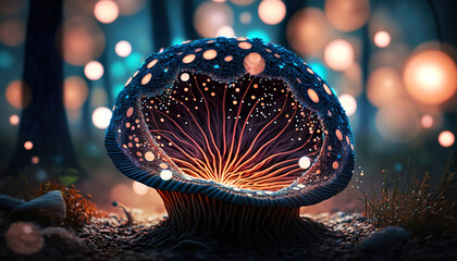 In a fairytale forest, magical mushrooms with glowing spores. Magical bokeh in the background. AI generative illustration.