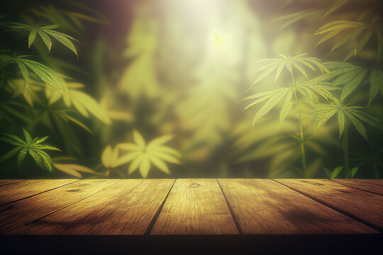 Cannabis sativa or Marijuana green plant with wood table space for hemp oil products montage background. Copy space, mock-up. Generative AI technology.