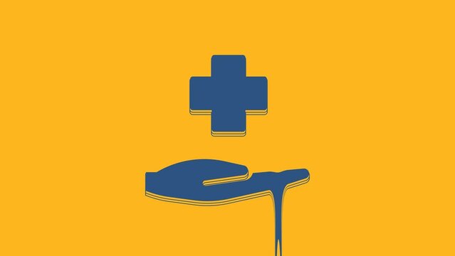 Blue Cross hospital medical icon isolated on orange background. First aid. Diagnostics symbol. Medicine and pharmacy sign. 4K Video motion graphic animation