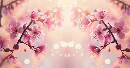 illustrazione di sfondo fotografico di ciliegi in flore, sakura, sovrapposizione rosata di fiori ideale per fotografia, bokeh, creata com intelligenza artificiale - obrazy, fototapety, plakaty
