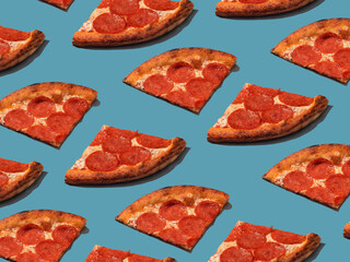 Pepperoni slice pizza pattern. Food pattern with hard shadows top view