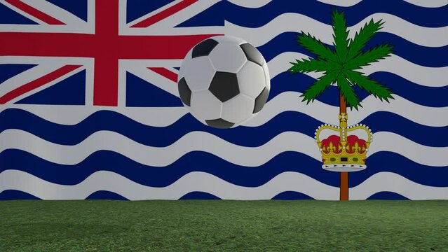 Soccer Football bouncing on grass colliding with viewer in front of Flag of The Commissioner of The British Indian Ocean Territory