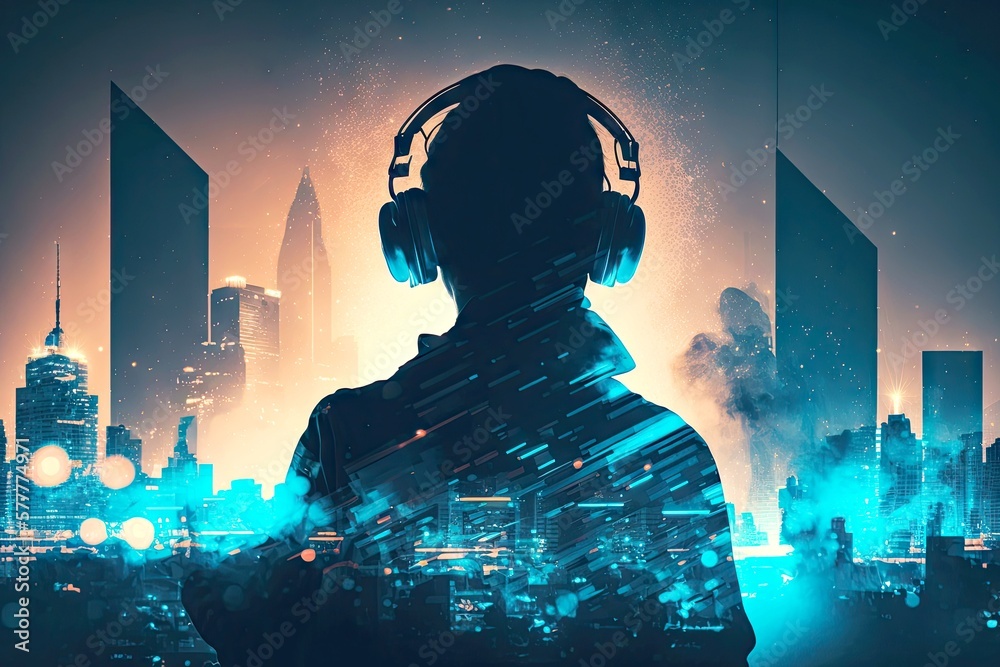 Poster double exposure dj in studio against abstract blurry cityscape background digital illustration, created with generative ai