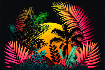 Fototapeta na wymiar Sunset behind tropical leaves in vibrant fluorescent colors on a black background - both artistic and emotional to stand out. Generative AI
