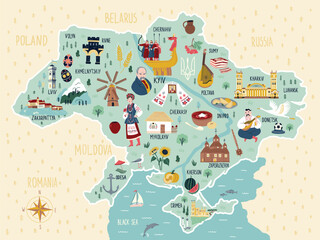 Illustrated Cartoon Map of Ukraine with buildings, attractions and landscape. Symbols of independence
