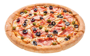 Delicious pizza with mushrooms, ham, black olives and capers, cut out