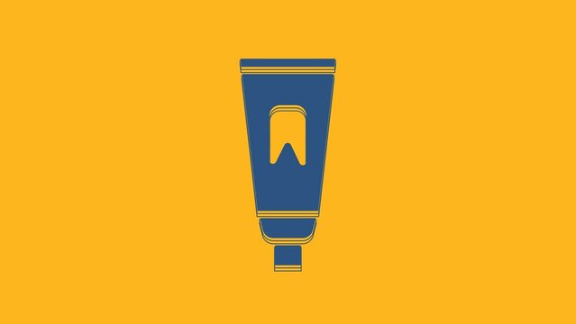 Blue Tube of toothpaste icon isolated on orange background. 4K Video motion graphic animation