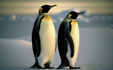 Two Emperor penguins resting in the Antarctic sunset. Shallow focus, illustrative Generative AI.