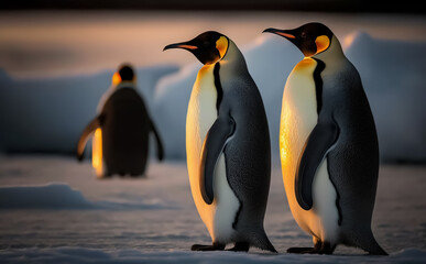 Two Emperor penguins resting in the Antarctic sunset. Shallow focus, illustrative Generative AI.