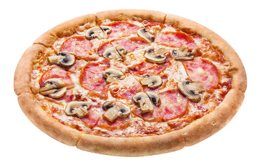 Delicious pizza with champignon mushrooms, ham, tomato sauce and mozzarella, cut out