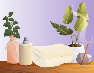 Spa still life with towel and candle. Vector illustration. Body wash concept. Stack of terry towels. Bathroom and toilet interiors in Scandinavian style.