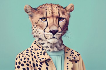 Cheetah On Cyan Blue Green Background Dressed In Light Pastel Colored Clothing With Copyspace Generative AI