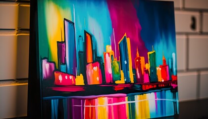 A colorful and vibrant abstract painting of a city skyline 35mm lens f4 acrylic wide  Generative AI