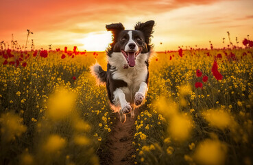 Obraz na płótnie Canvas Generative AI of Border Collie Dog playing and jumping in a field of red and yellow flowers