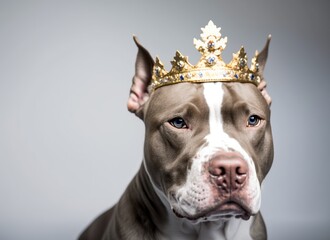 Pitbull with a golden crown on a white background IA