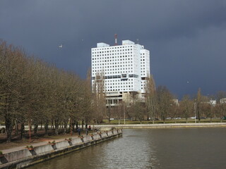 unfinished construction project of the house of the soviets in kaliningrad, russia, in front of  storm clouds