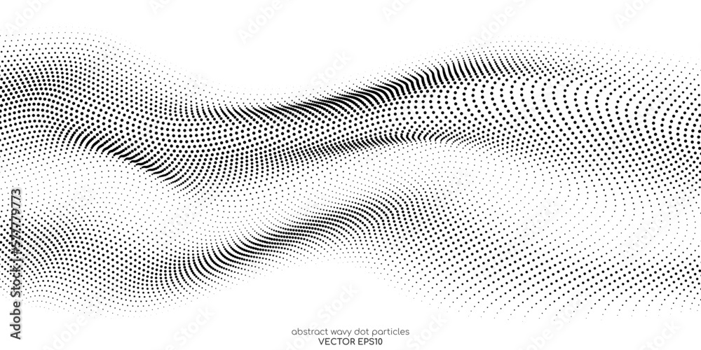 Poster Flowing dots particles wave pattern halftone black gradient curve shape isolated on white background. Vector in concept of technology, science, music, modern.