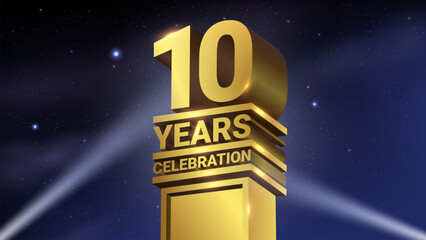 10th Years Celebration, 3D Gold Statue with Spotlights, Luxury Hollywood Light, Vector Illustration