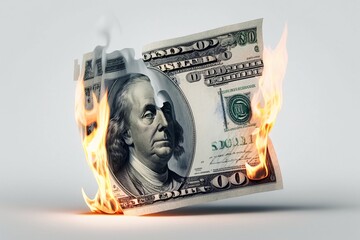 A dollar is burning. Fire, flame. Isolated in white background Generative AI