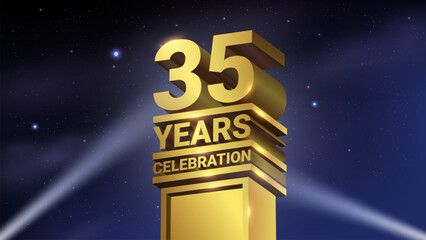 35th Years Celebration, 3D Gold Statue with Spotlights, Luxury Hollywood Light, Vector Illustration