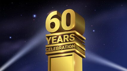 60th Years Celebration, 3D Gold Statue with Spotlights, Luxury Hollywood Light, Vector Illustration