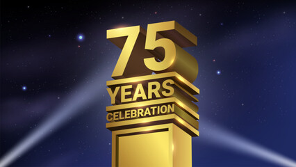 75th Years Celebration, 3D Gold Statue with Spotlights, Luxury Hollywood Light, Vector Illustration