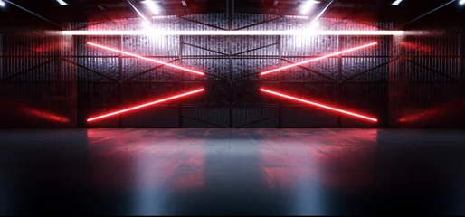 Sci Fi Alien Neon Electric Red Vibrant Laser Metal Barn Warehouse Door Concrete Glossy Car Showroom Empty Background Hangar Realistic 3D Rendering © IM_VISUALS