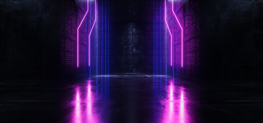 Neon Ultraviolet Purple Blue Dark Sci Fi Cyber Retro Rough Brick Concrete Street Hallway Corridor Empty Parking Night Glossy Realistic Background 3D Rendering © IM_VISUALS