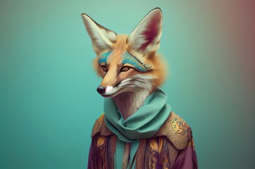 Fox On Colorful Background Posing In Pastel Colored Clothing With Copyspace Generative AI