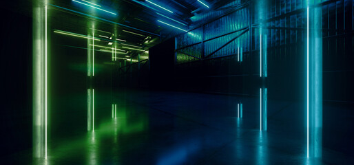 Cyberpunk Big Sci Fi Alien Neon Electric Blue Green Vibrant Laser Metal Barn Warehouse Door Concrete Glossy Car Showroom Empty Background Hangar Realistic 3D Rendering © IM_VISUALS