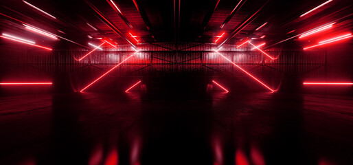 Cyberpunk Big Sci Fi Alien Neon Electric Deep Red Vibrant Laser Metal Barn Warehouse Door Concrete Glossy Car Showroom Empty Background Hangar Realistic 3D Rendering © IM_VISUALS