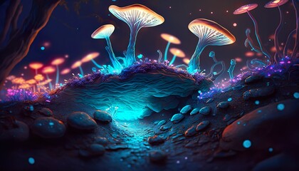 Fototapeta na wymiar Mysterious forest with magic mushrooms, generative ai