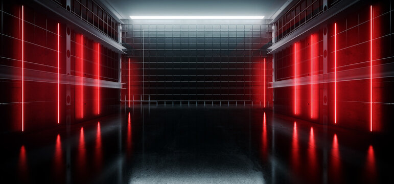 Dark Neon Glowing Red Vibrant Laser Beams Metal Grid Underground Cells Concrete Cement Room Studio Showcase Cyber 3D Rendering