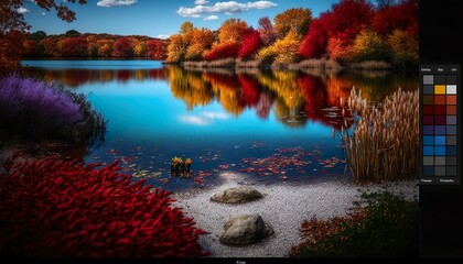 A serene lake surrounded by colorful fall foliage 50mm lens f2.8 peaceful normal lens  Generative AI