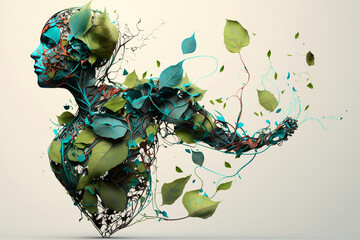 Digital echo concept art of human body created by wires, butterflies, nerves, cables, low poly, paper quilling. Generative AI