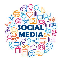 SOCIAL MEDIA with related icons arranged in a circle on white background