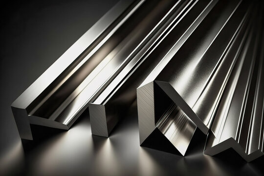  Stainless steel angles or bars. Bright light. Dark background. Generative AI