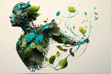 Digital echo concept art of human body created by wires, butterflies, nerves, cables, low poly, paper quilling. Generative AI